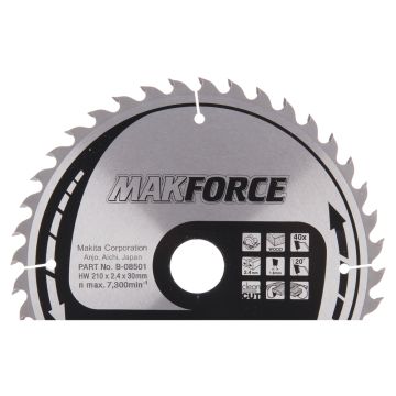 T.C.T. Medienos pjūklo diskas 210X2.4X30mm 20° T40 MAKFORCE