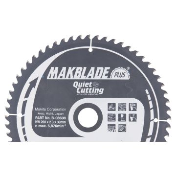 T.C.T. Medienos pjūklo diskas 260X2,3X30 mm 5° T60 MAKBLADE PLUS