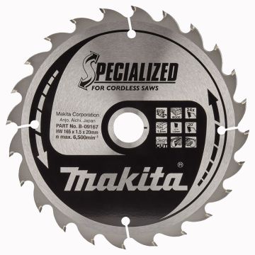 T.C.T. Medienos pjūklo diskas 165X1,5X20 mm 20° T24 SPECIALIZED, skirtas akumuliatoriniams diskiniams pjūklams