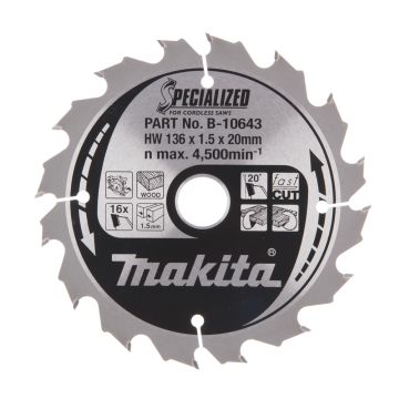 T.C.T. Medienos pjūklo diskas 136X1,5X20 mm 20° T16 SPECIALIZED, skirtas akumuliatoriniams diskiniams pjūklams