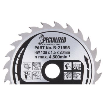 T.C.T. Medienos pjūklo diskas 136X1,5X20 mm 20° T24 SPECIALIZED, skirtas akumuliatoriniams diskiniams pjūklams