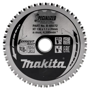 T.C.T. Metalo/nerūdijančio plieno pjūklo diskas 136X1.1X20mm 0° T45 EFFICUT METAL
