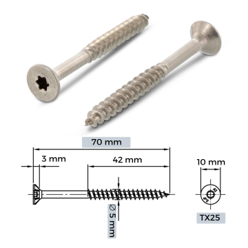 5x70/42 A2 Skrūve kokam Torx 25 (100gb) bez zeņķa