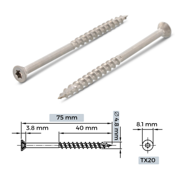 4.8x75/40 A2  Nerūsējošā tērauda terases un fasādes skrūves (250gb)