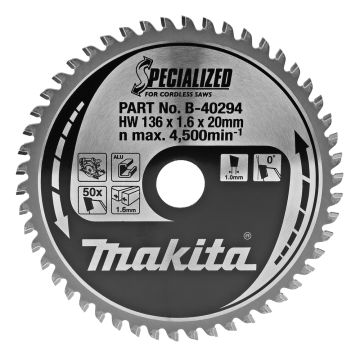 T.C.T. Aliumininis pjūklo diskas 136X1.6X20mm 0° T50 SPECIALIZED, skirtas akumuliatoriniams diskiniams pjūklams